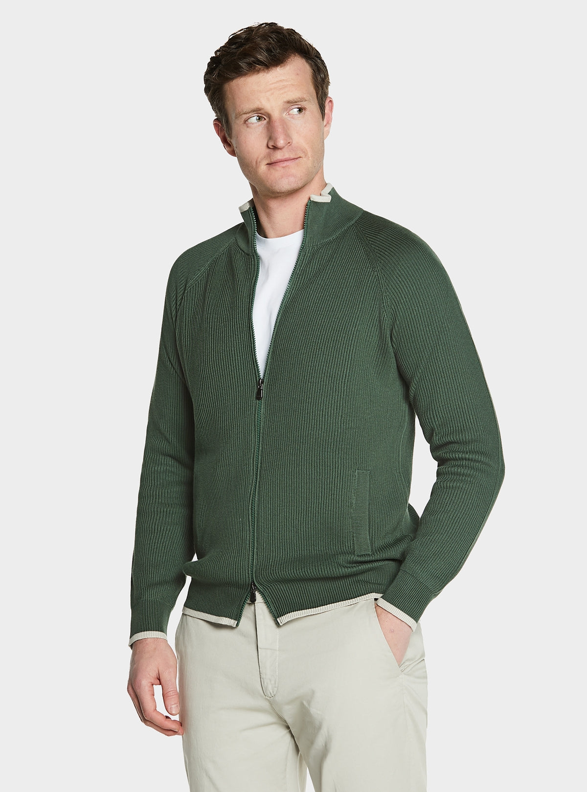 Maglia full zip a coste in puro cotone