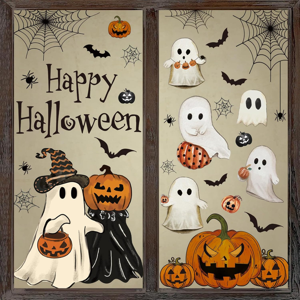 Halloween Window Clings (6 Sheets) – Vintage Ghost, Pumpkin & Bat Reusable Decals