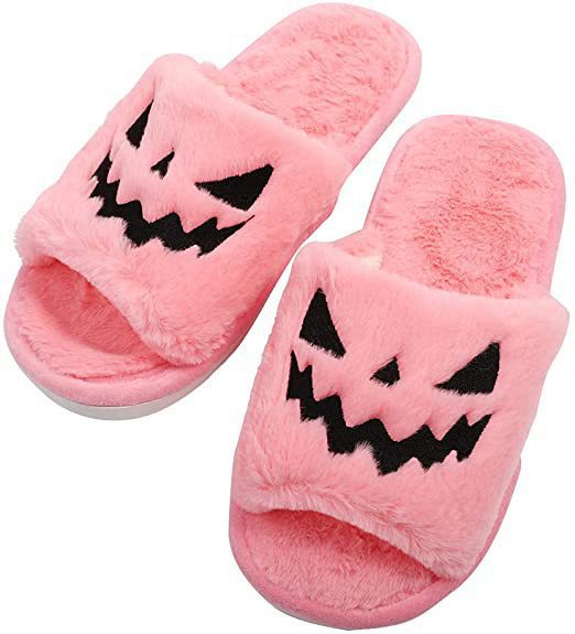 Halloween Pumpkin Face Fuzzy Slippers for Women – Cozy Plush Open-Toe House Slippers