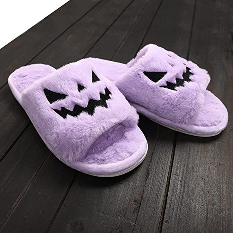 Halloween Pumpkin Face Fuzzy Slippers for Women – Cozy Plush Open-Toe House Slippers