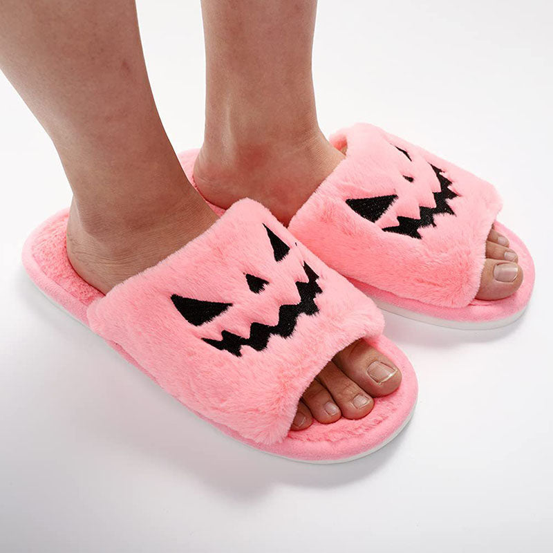 Halloween Pumpkin Face Fuzzy Slippers for Women – Cozy Plush Open-Toe House Slippers