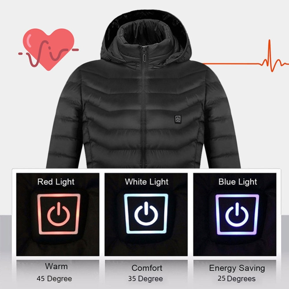 Men's USB Heated Jacket with Detachable Hood – 3 Heat Levels, 2–9 Heating Zones