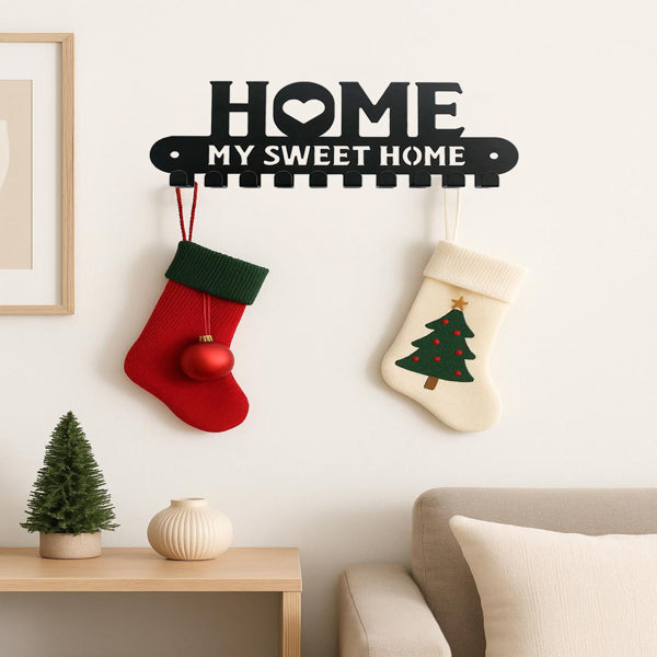 "Home Sweet Home" Metal Wall Key Holder with Hooks – Entryway Organizer & Holiday Decor