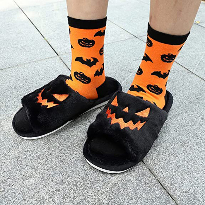 Halloween Pumpkin Face Fuzzy Slippers for Women – Cozy Plush Open-Toe House Slippers