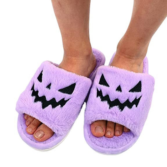 Halloween Pumpkin Face Fuzzy Slippers for Women – Cozy Plush Open-Toe House Slippers