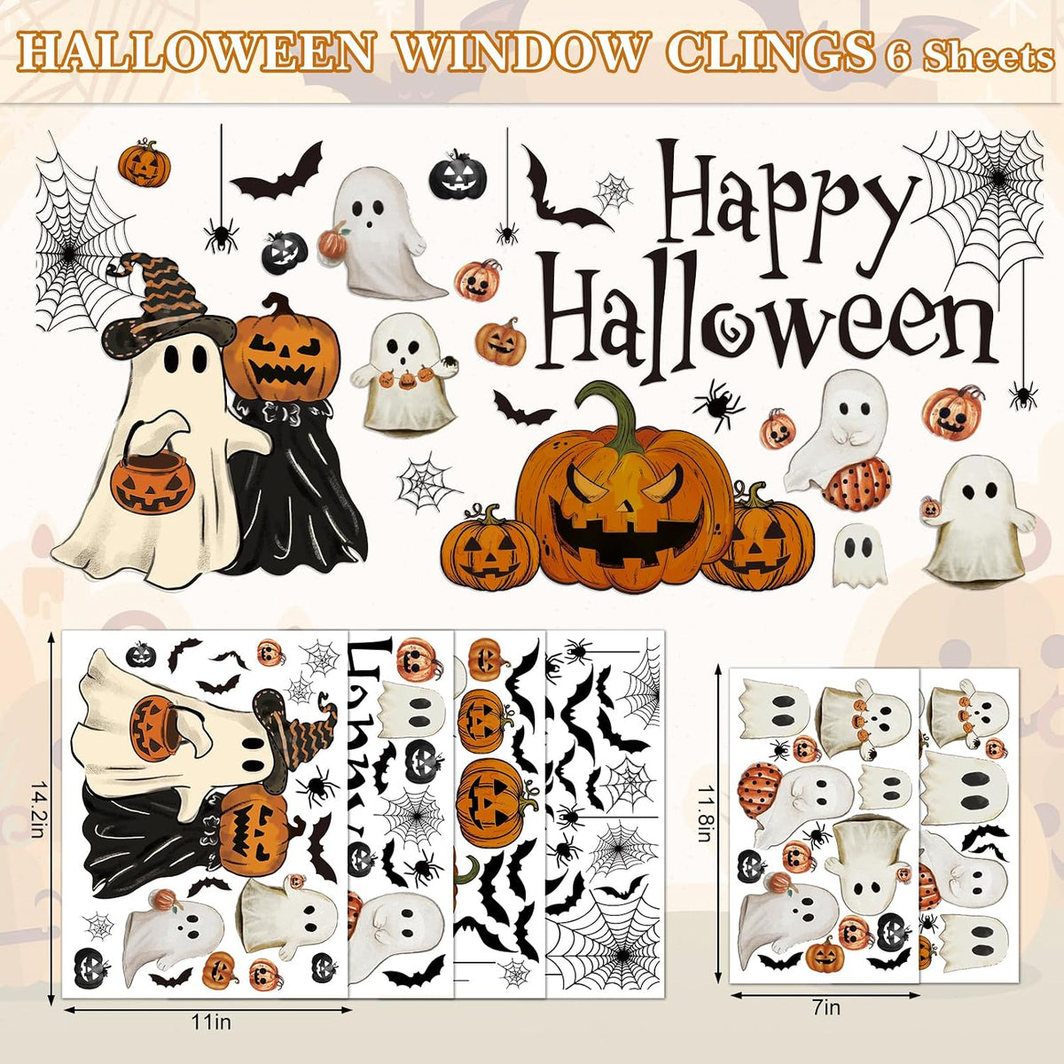 Halloween Window Clings (6 Sheets) – Vintage Ghost, Pumpkin & Bat Reusable Decals