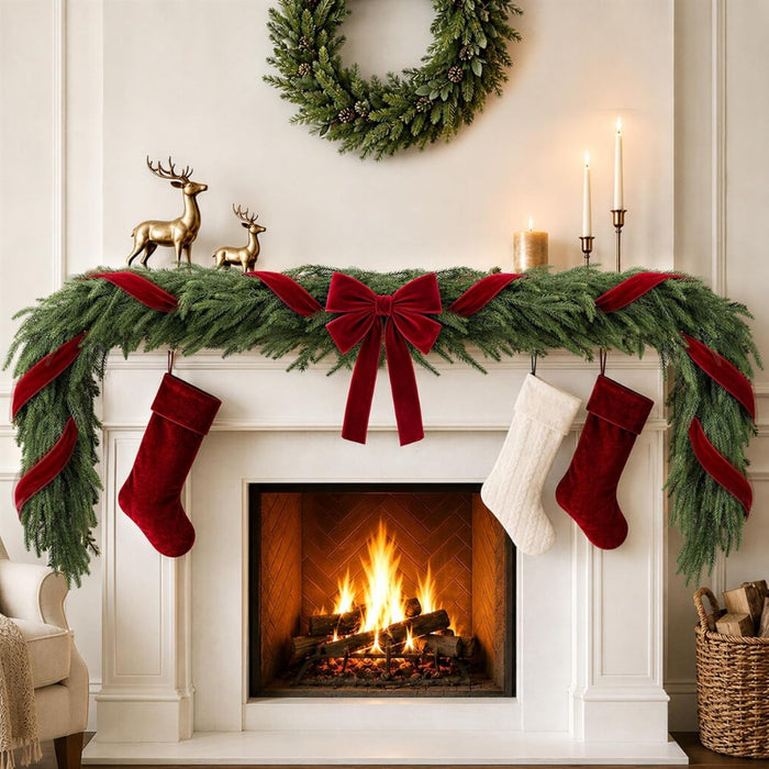 6FT Norfolk Pine Christmas Garland with Red Velvet Ribbon & Bow