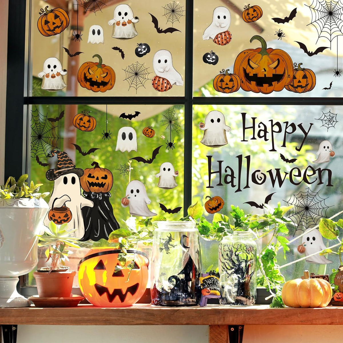 Halloween Window Clings (6 Sheets) – Vintage Ghost, Pumpkin & Bat Reusable Decals