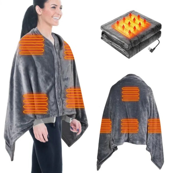USB Heated Blanket Wrap 59x31 in – Wearable Electric Poncho Shawl with Zipper, Washable