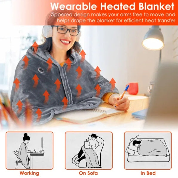 USB Heated Blanket Wrap 59x31 in – Wearable Electric Poncho Shawl with Zipper, Washable