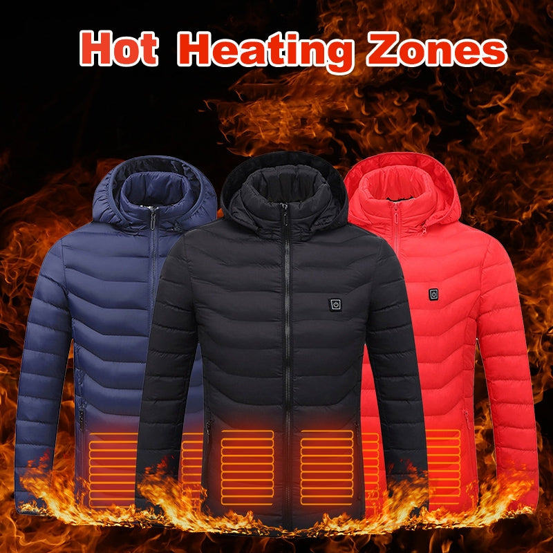Men's USB Heated Jacket with Detachable Hood – 3 Heat Levels, 2–9 Heating Zones
