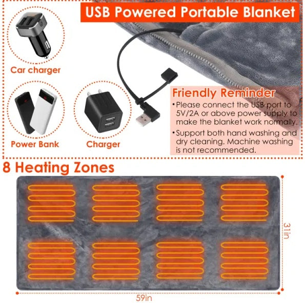 USB Heated Blanket Wrap 59x31 in – Wearable Electric Poncho Shawl with Zipper, Washable