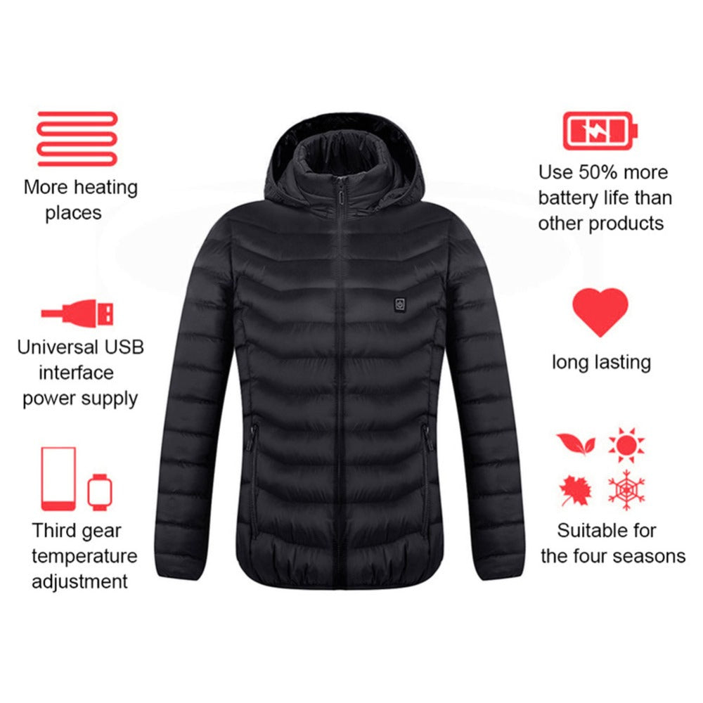 Men's USB Heated Jacket with Detachable Hood – 3 Heat Levels, 2–9 Heating Zones