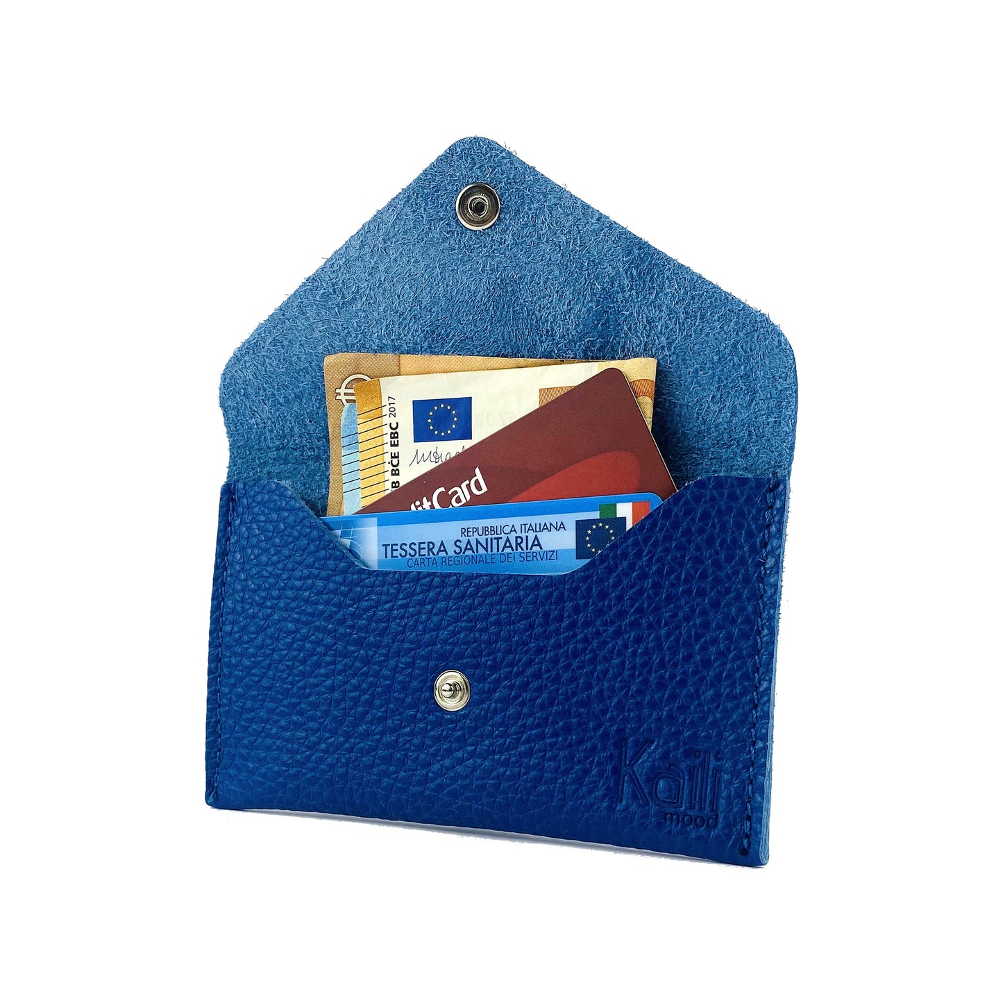 K0040DB | Made in Italy flap pouch in genuine full grain leather, dollar grain - Blue color - Size: 13 x 8 x 0.5 cm - Package: Hard bottom/cover Gift Box