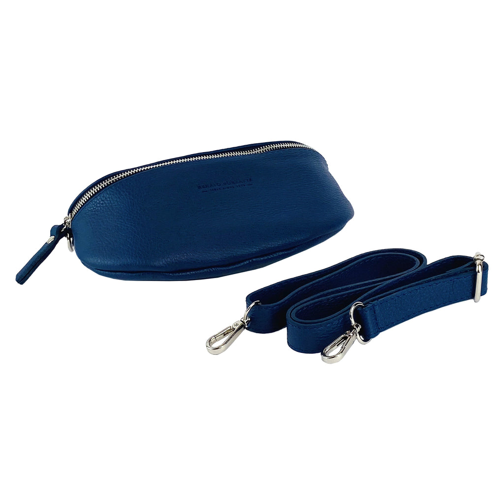 RB1015D | Fanny pack with removable shoulder strap in Genuine Leather Made in Italy. Polished Nickel metal snap hook attachments - Blue color - Dimensions: 24 x 14 x 7