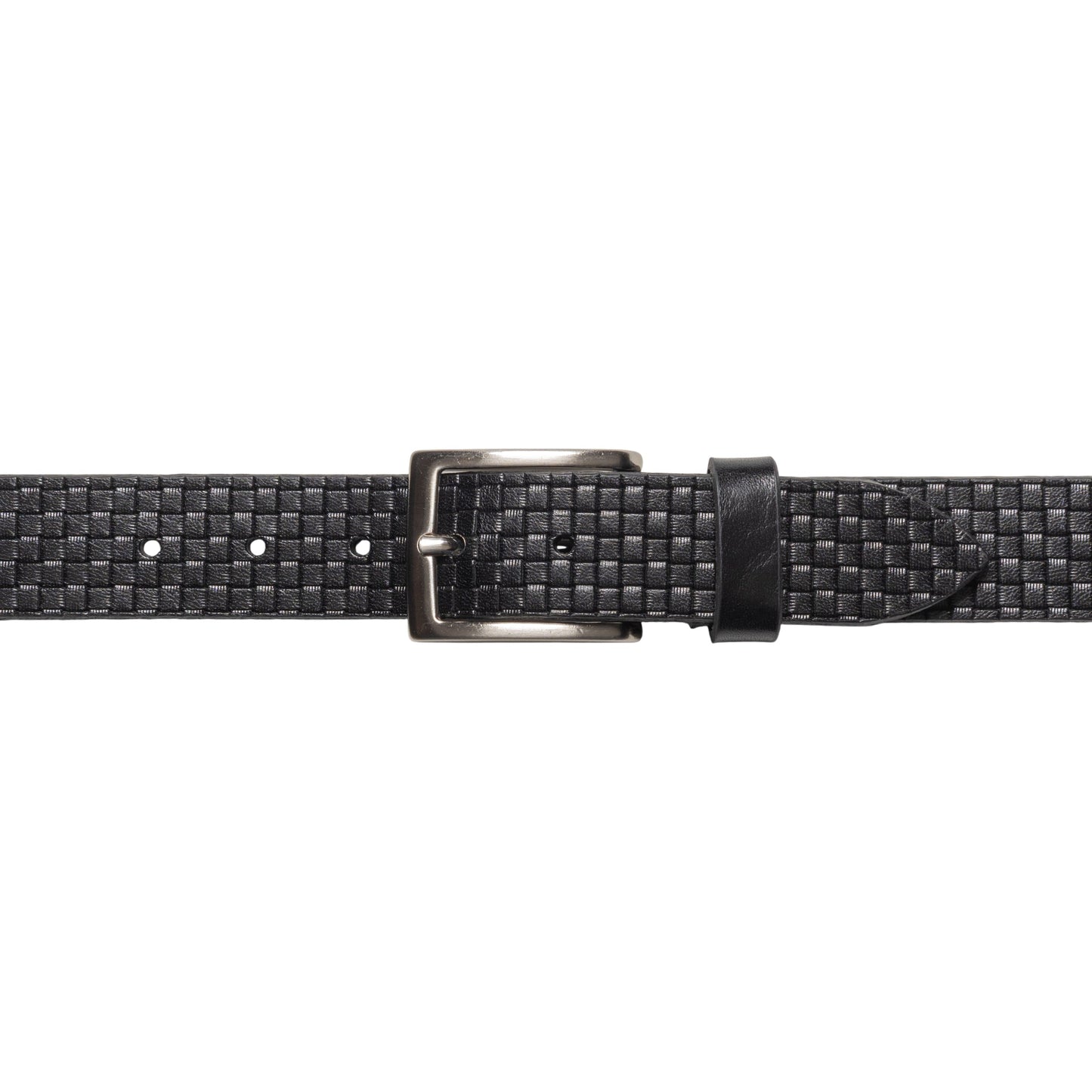 RB4028A | Men's Belt with Allover Print, Made in Italy in Genuine Vegetable-Tanned Leather. Satin Silver-Finish Buckle. Black. Dimensions: 125 x 3.5 x 0.5 cm (waistline 110 cm).