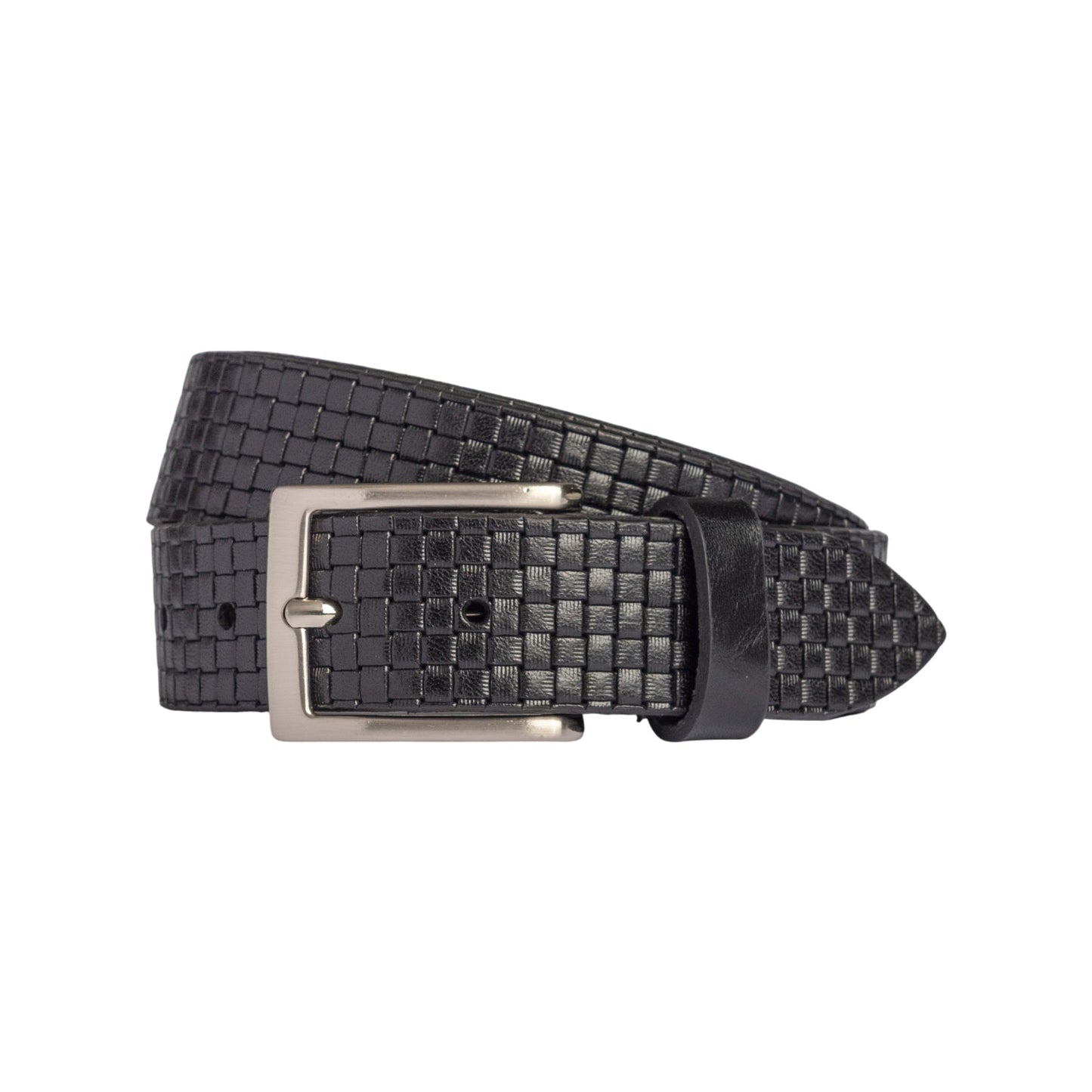 RB4028A | Men's Belt with Allover Print, Made in Italy in Genuine Vegetable-Tanned Leather. Satin Silver-Finish Buckle. Black. Dimensions: 125 x 3.5 x 0.5 cm (waistline 110 cm).
