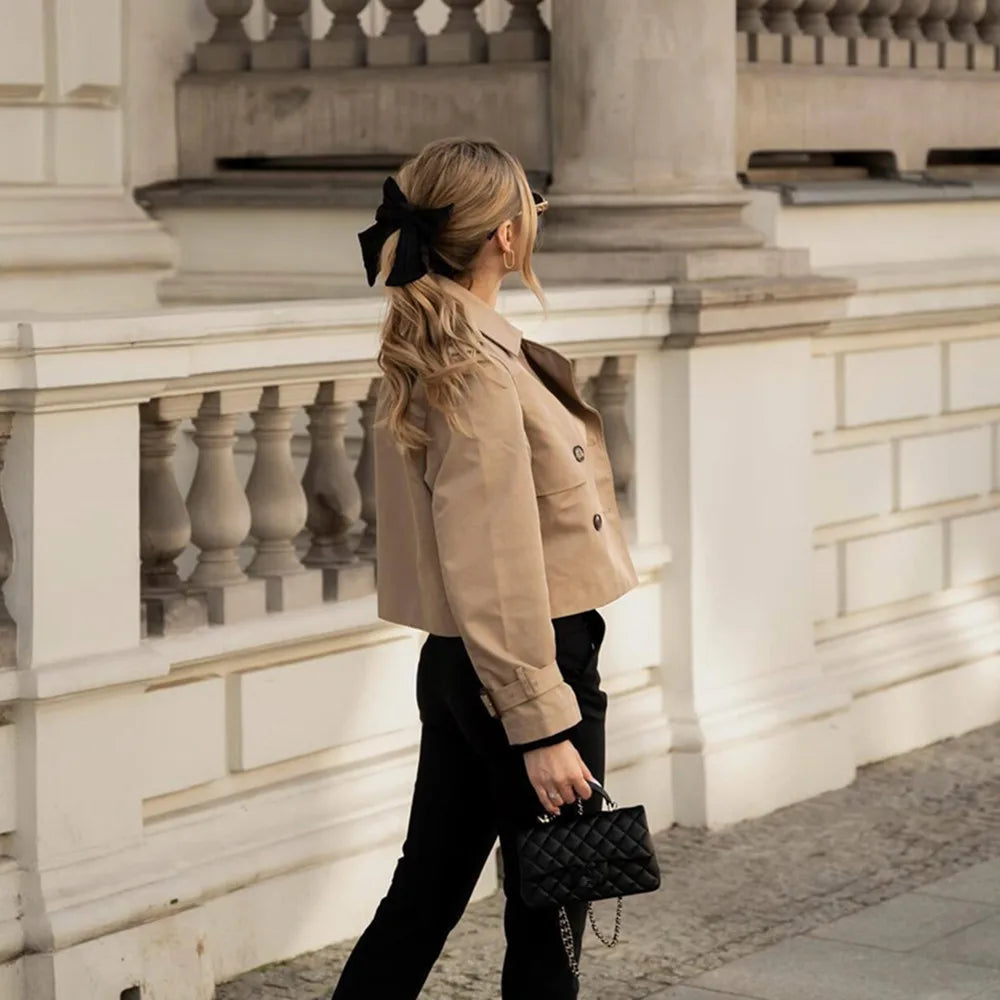 Women's Vintage Double-Breasted Cropped Trench