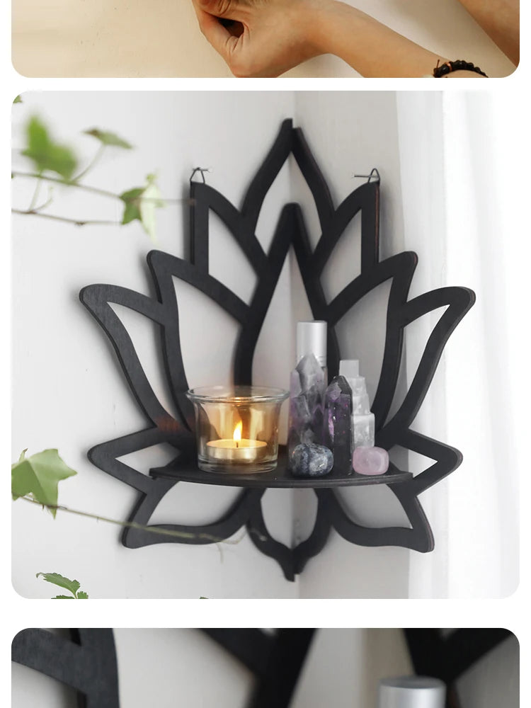 Wooden Lotus Corner Wall Shelf