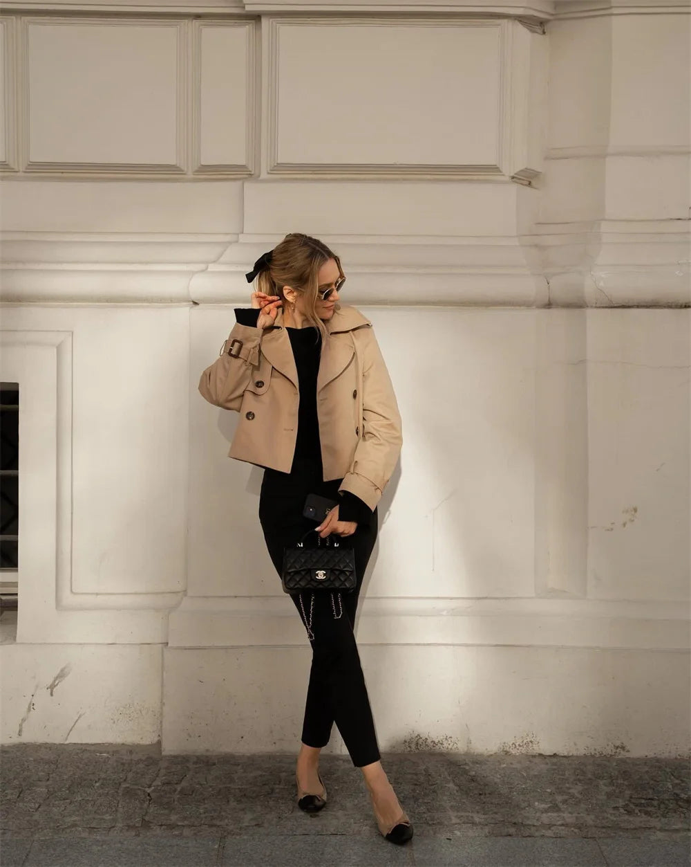 Women's Vintage Double-Breasted Cropped Trench