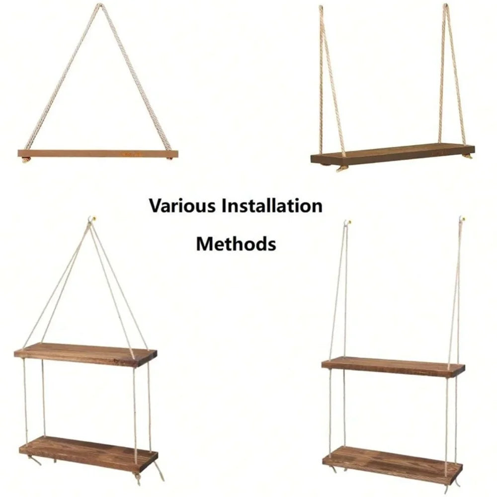 Wooden Rope Hanging Wall Shelf