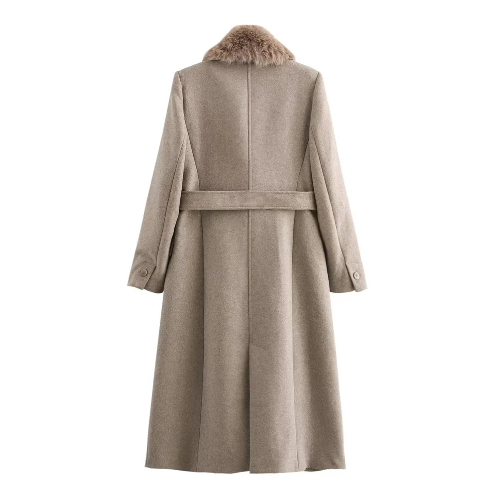 Women's Belted Coat with Faux Fur Collar