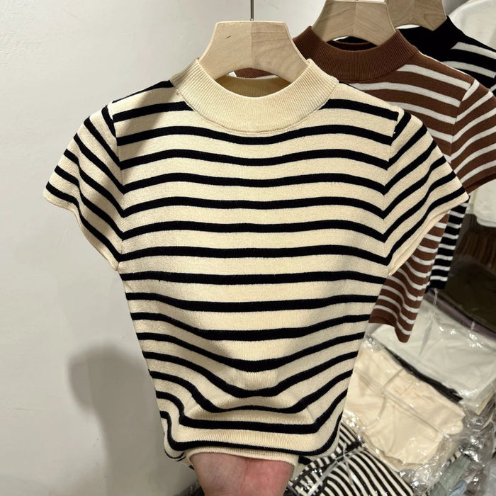 Women's Striped Half Turtleneck Short Sleeve Top
