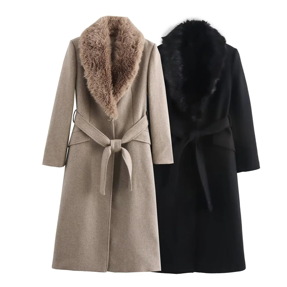 Women's Belted Coat with Faux Fur Collar