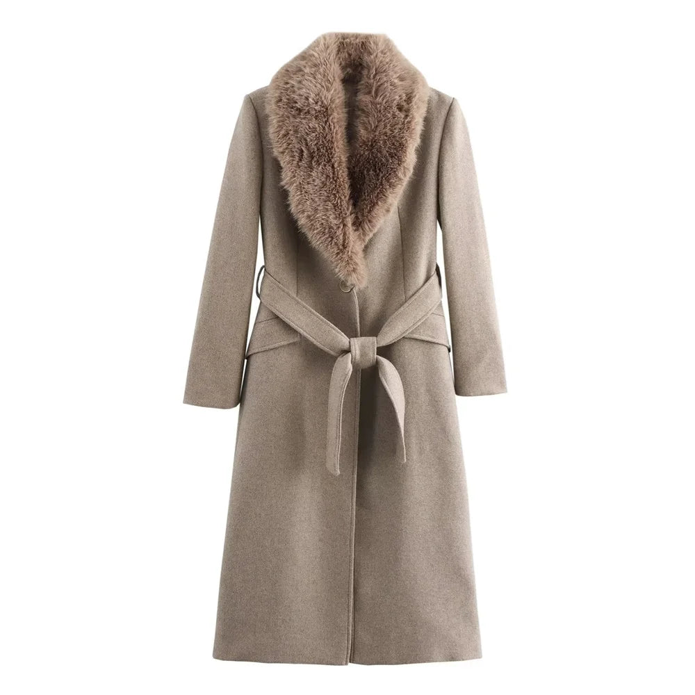 Women's Belted Coat with Faux Fur Collar