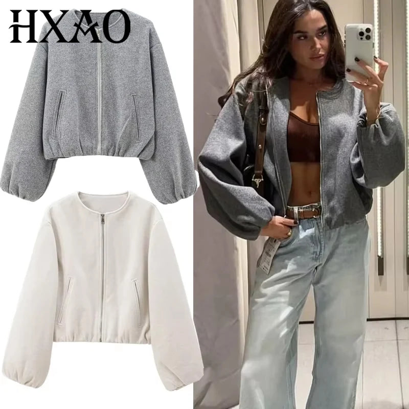 Women's Cropped Faux Wool Bomber Jacket