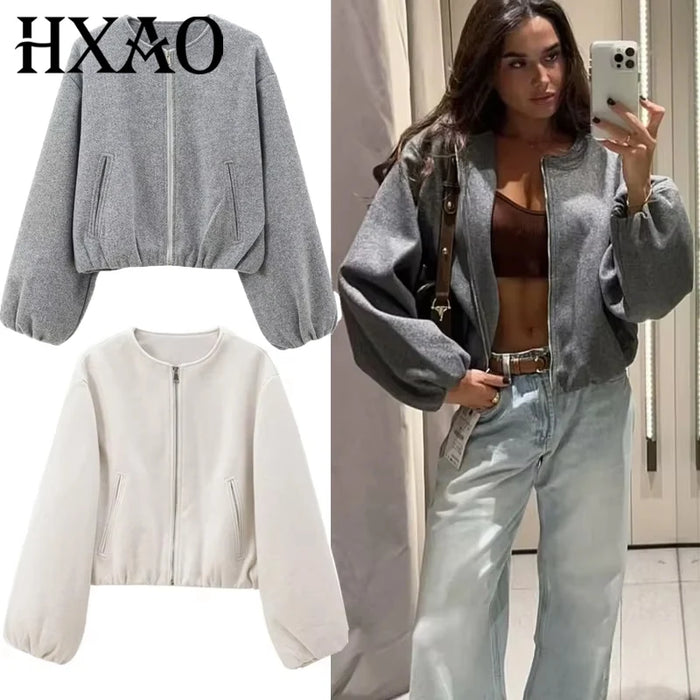 Women's Cropped Faux Wool Bomber Jacket
