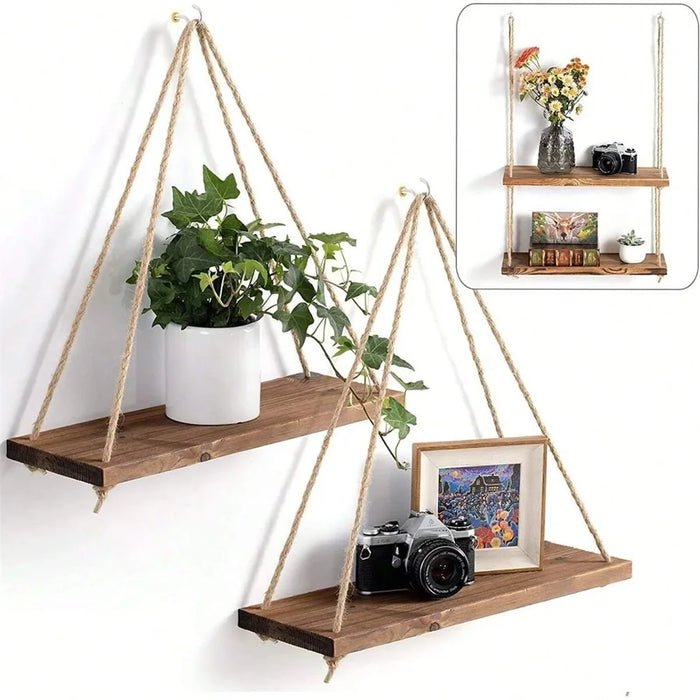 Wooden Rope Hanging Wall Shelf