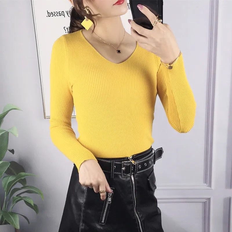 Women's Rib Knit V-Neck Striped Sweater