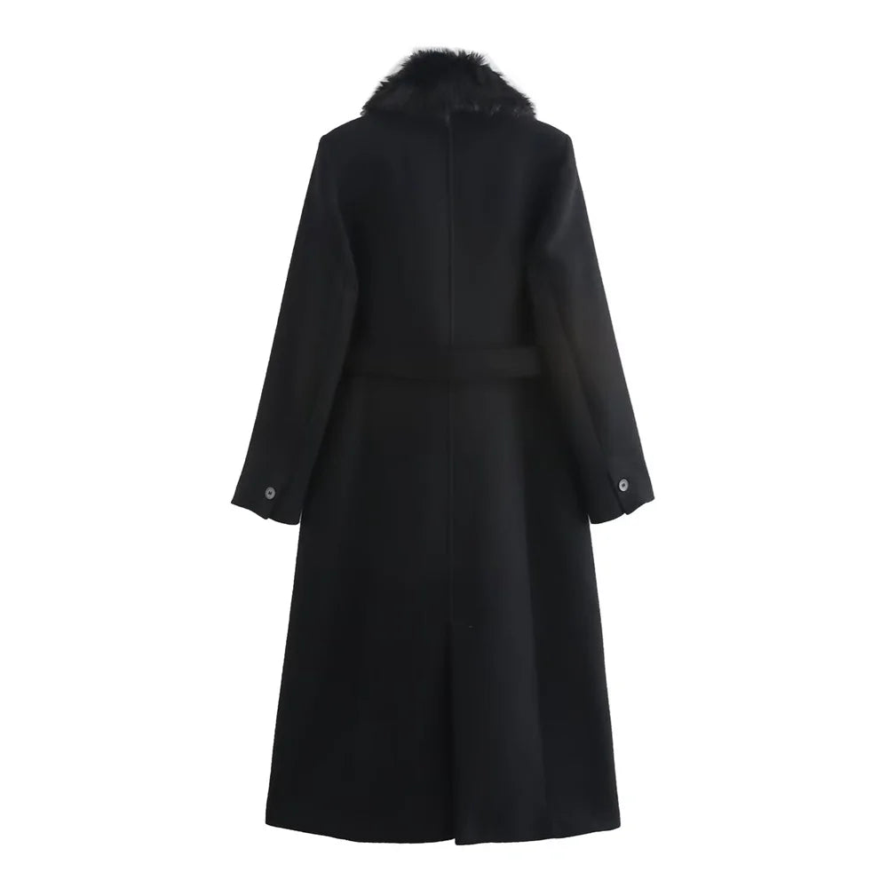 Women's Belted Coat with Faux Fur Collar