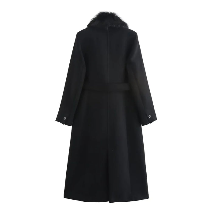 Women's Belted Coat with Faux Fur Collar