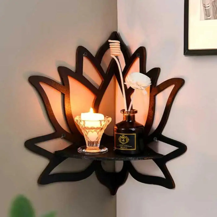 Wooden Lotus Corner Wall Shelf