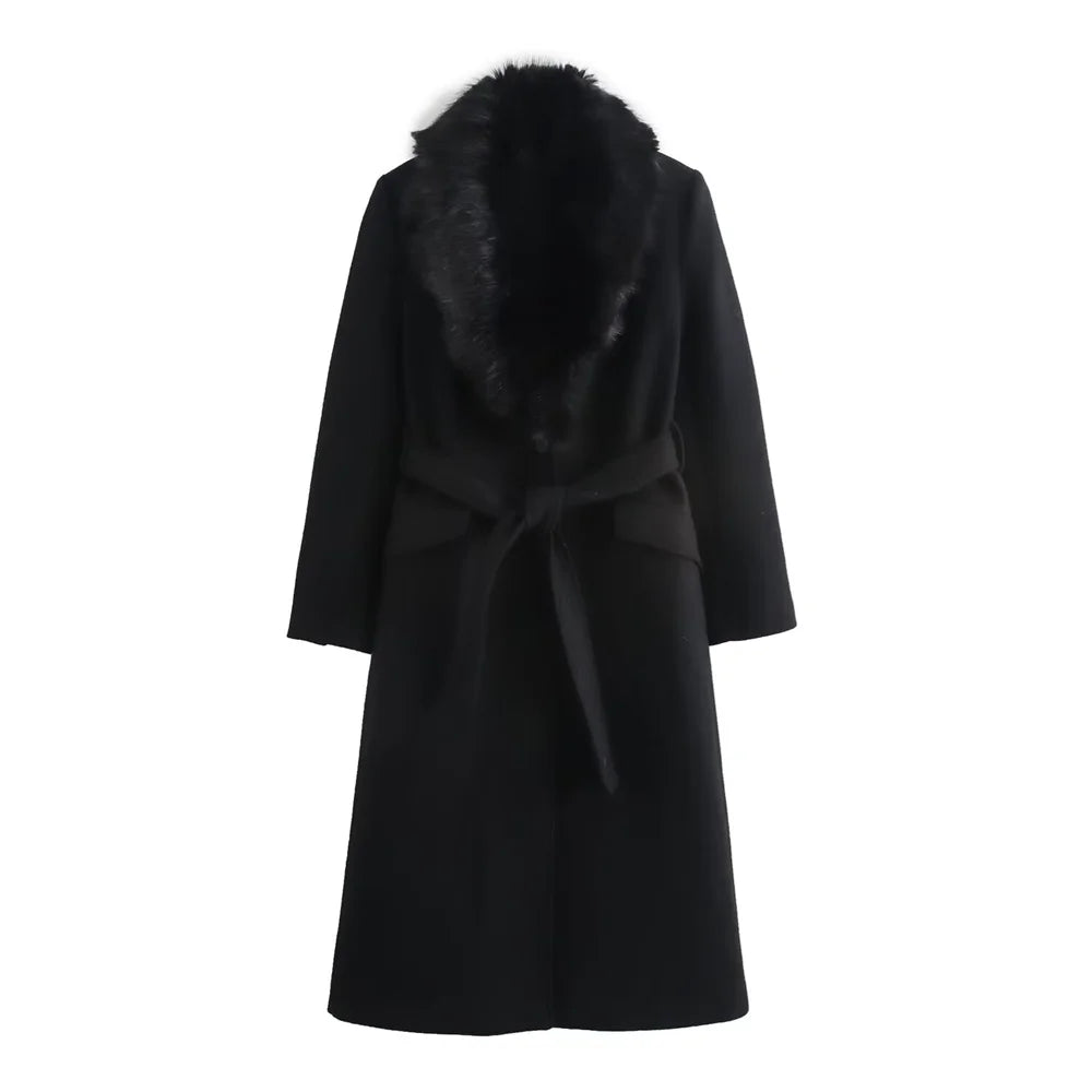 Women's Belted Coat with Faux Fur Collar
