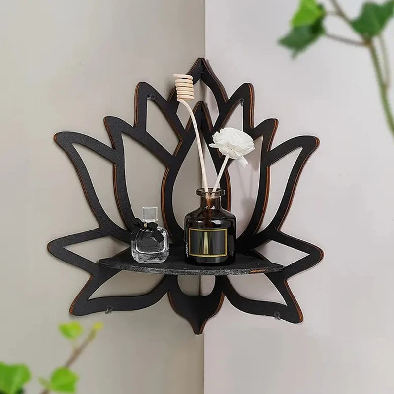Wooden Lotus Corner Wall Shelf