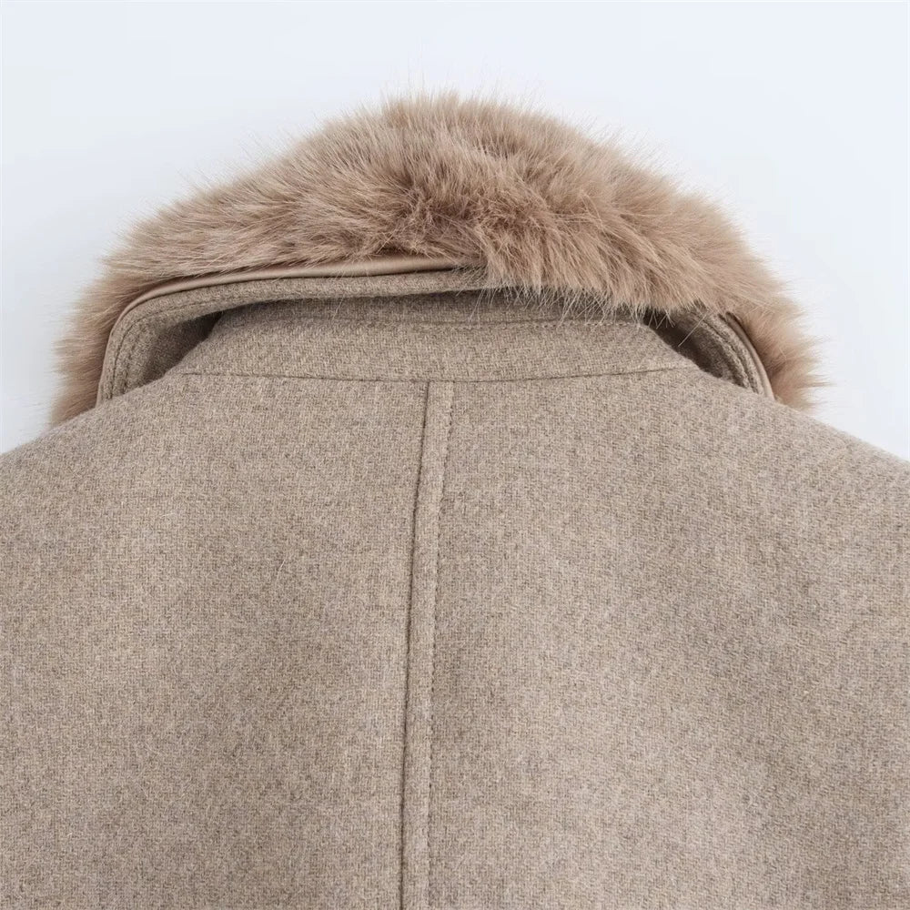 Women's Belted Coat with Faux Fur Collar