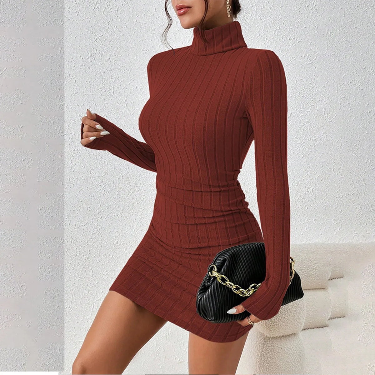 Women's Turtleneck Knit Bodycon Mini Dress