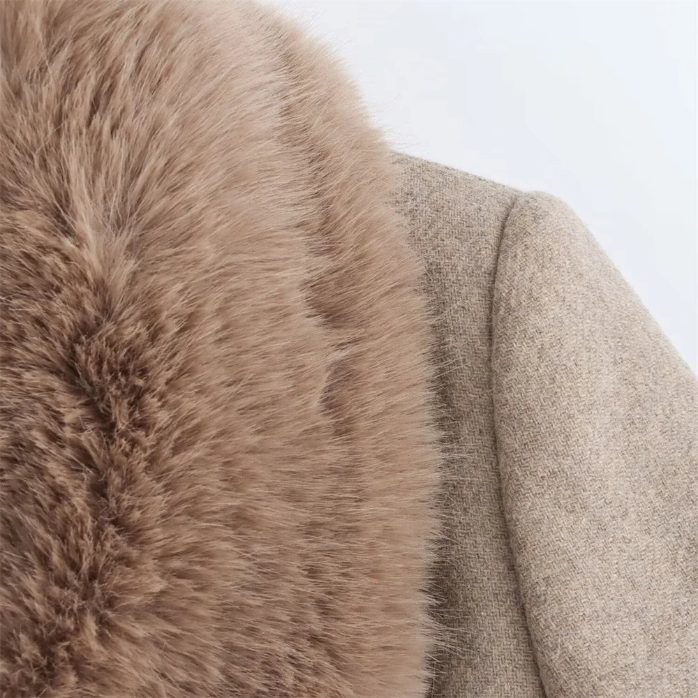 Women's Belted Coat with Faux Fur Collar