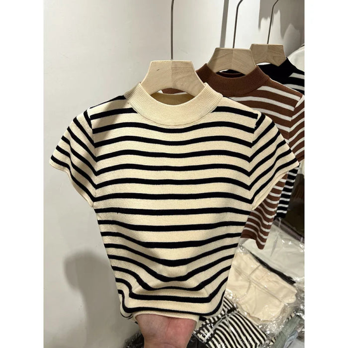 Women's Striped Half Turtleneck Short Sleeve Top