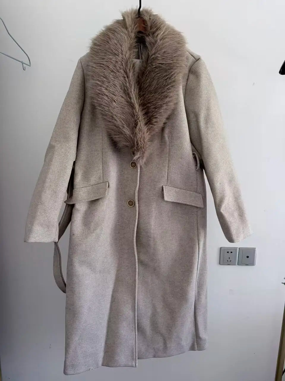 Women's Belted Coat with Faux Fur Collar