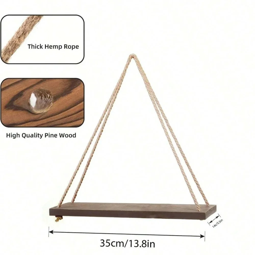 Wooden Rope Hanging Wall Shelf