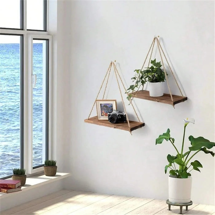 Wooden Rope Hanging Wall Shelf