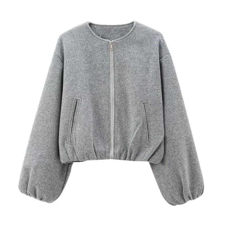 Women's Cropped Faux Wool Bomber Jacket