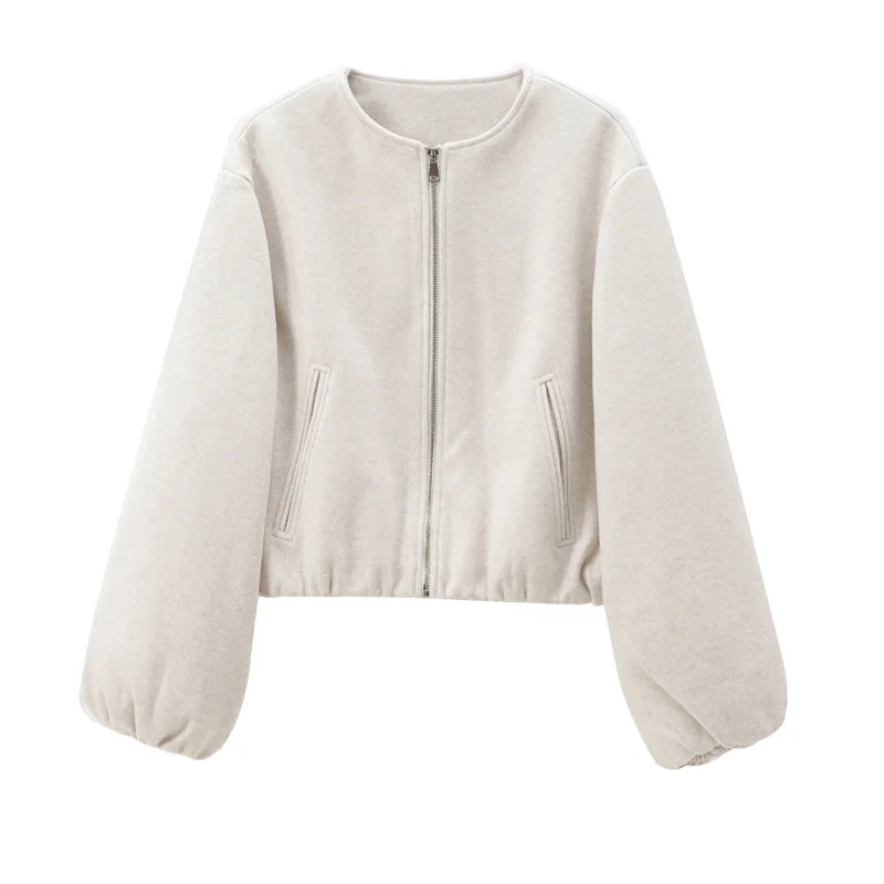 Women's Cropped Faux Wool Bomber Jacket