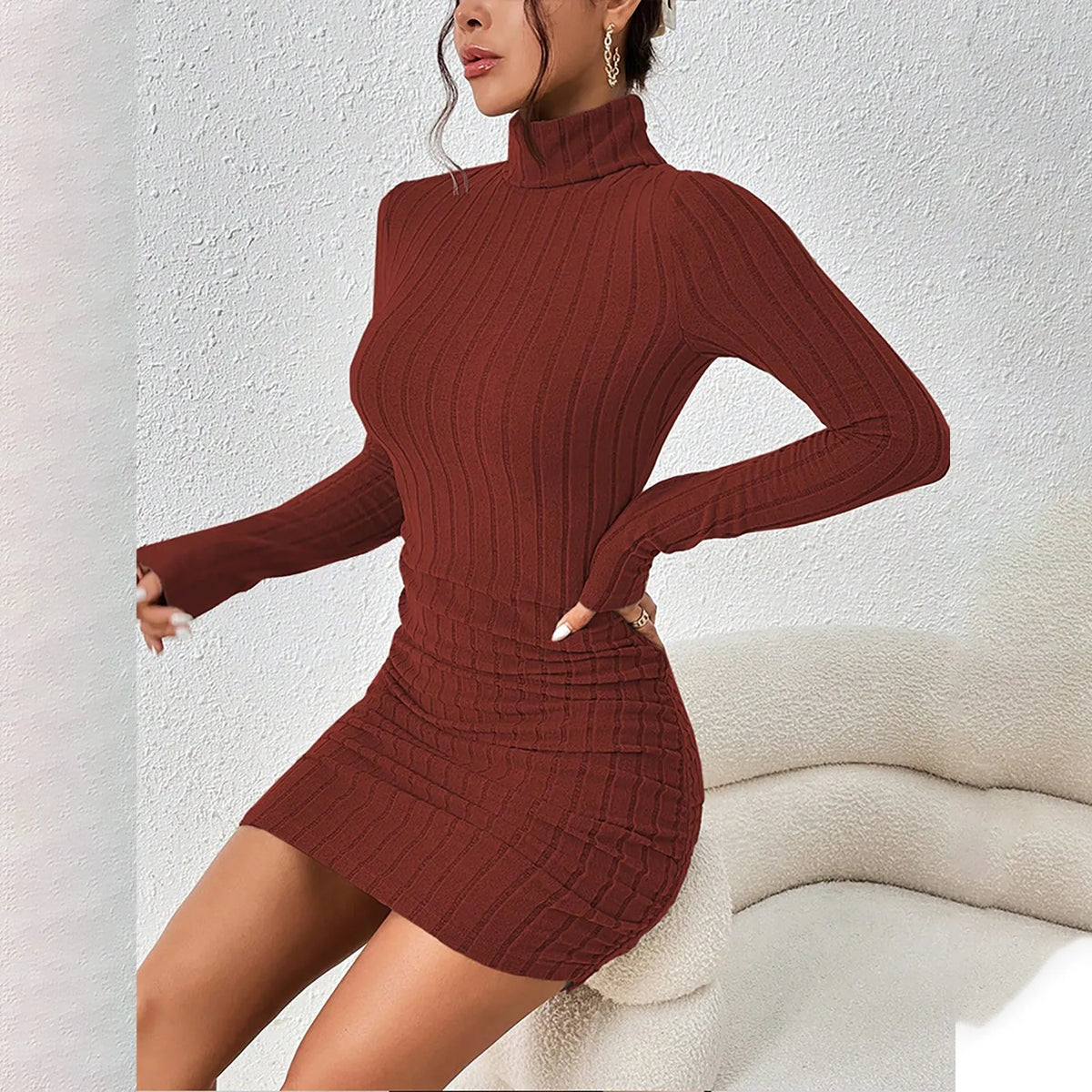 Women's Turtleneck Knit Bodycon Mini Dress