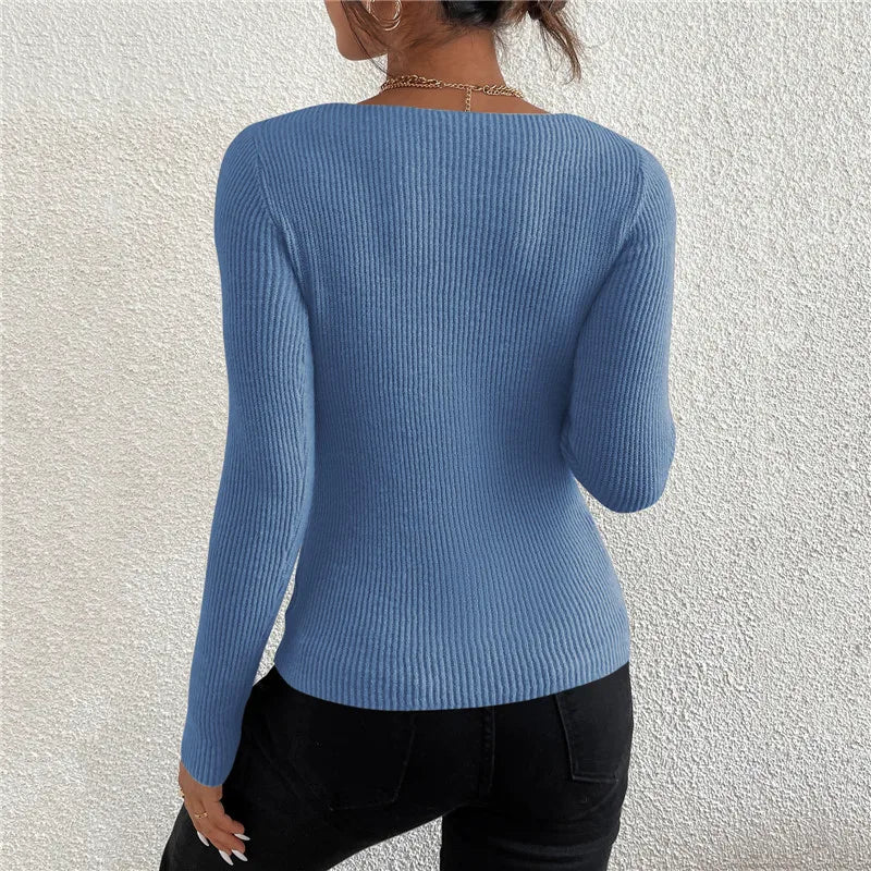 Women's Rib Knit V-Neck Striped Sweater