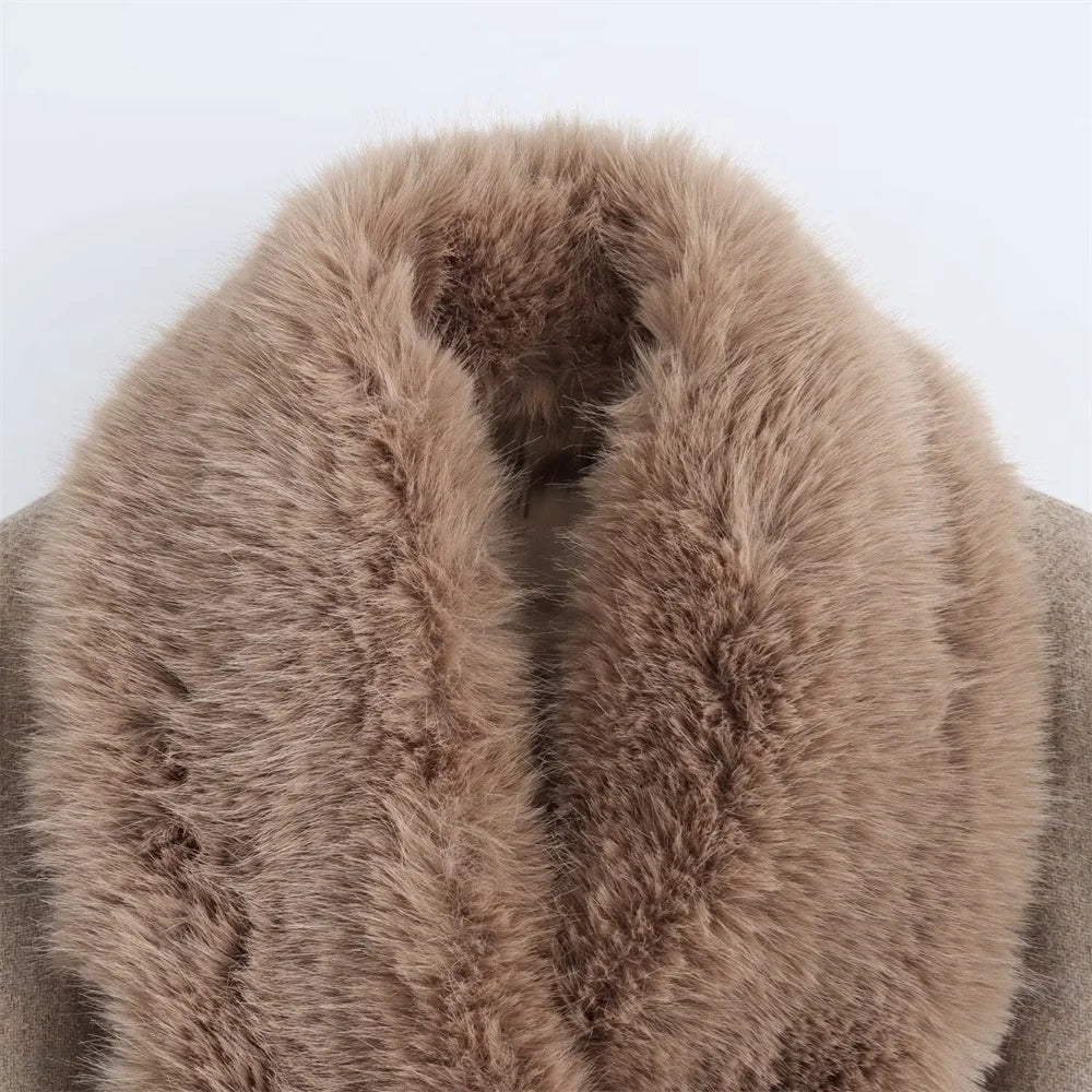 Women's Belted Coat with Faux Fur Collar